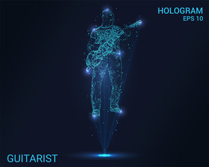 The hologram guitarist. Holographic projection guitarist. Flickering energy flux of particles. Scientific music design.