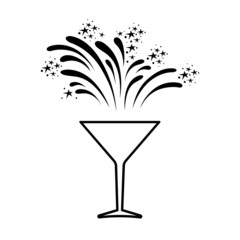 Line icon of cocktail glass and fireworks. Festive celebration and party time. Vector Illustration