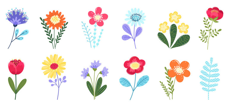 Collection of funny cartoon flower icons isolated on white background. Cute flat vector illustrations in bright colors.