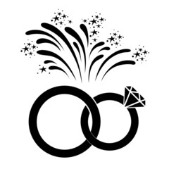 Marriage or engagement celebration icon. Bridal rings and fireworks. Vector Illustration 