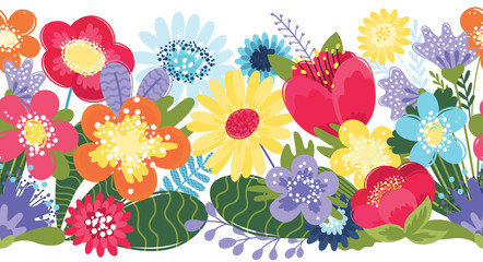 Floral seamless border. Flat funny flowers pattern on white background. Design for frames, tape, ribbon.