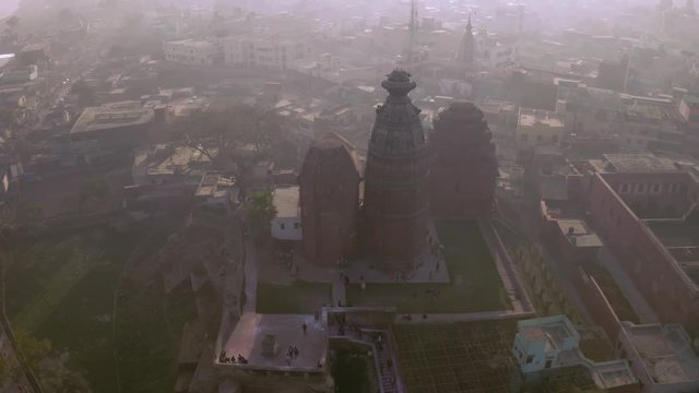 "Madana Mohana" temple in Vrindavan, India, 4k sunrise view aerial during holi festival