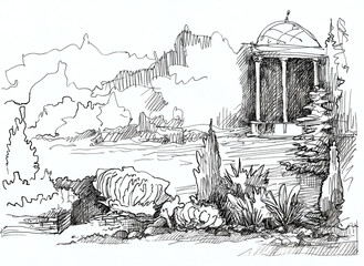 Landscape design with greenery and rotunda. Graphic black and white illustration.