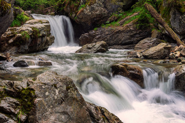 Fototapeta na wymiar Rapid river and small waterfalls in Carpathian Mountains