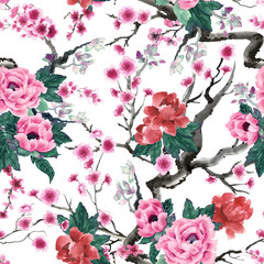 Sakura and peony flowers. Watercolor in chinese style. Seamless pattern