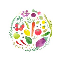 Collection organic food of vegetables, fruit and greenery. Circle design healthy eating, diet menu or marketing template. Vector isolated illustration with colorful watercolor texture.