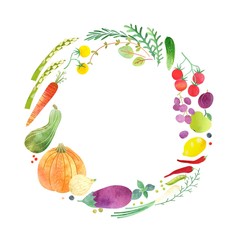 Circle frame with organic food of vegetables, fruit and greenery. Design healthy eating, diet menu al marketing template. Vector isolated illustration with watercolor texture.