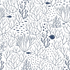 Abstract texture seamless pattern of doodle fishes, coral reef, dots. Vector dark blue illustration on white background. 