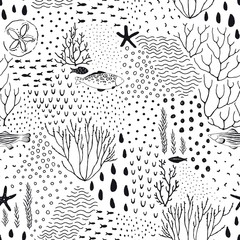 Abstract texture seamless pattern of fishes, starfishes, corals, dots, drops, doodle circles. Vector black illustration on white background.