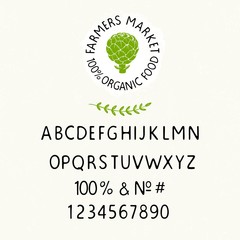 Farmers market. Rustic farm vector typeface. Handmade handwritten alphabet, numbers and symbols. Circle label farm shop in vintage style with artichoke. Illustration font for organic products.