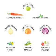 Farmers market, labels, template. Farm, agriculture, natural or organic product symbols. Vector illustration vegetables and fruit in flat style.