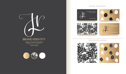 Creative monogram - hand drawn calligraphy sign. Business card design included. Uppercase J and lowercase r letter combination. Vector illustration.