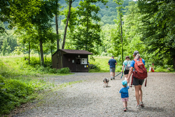 Fototapeta premium A family of hikers, three adults, one child and a dog hiking though the forest in Shenandoah National Park towards a ranger station shack. 