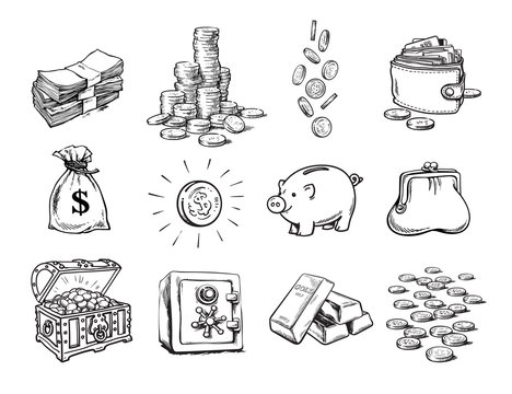 Sketch of finance money set. Sack of dollars, stack of coins, coin with dollar sign, treasure chest, stack of bills, falling coins, bank safe, piggy bank, gold bars, purse, wallet. Vector.