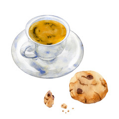 Watercolor illustration of coffee with cookies