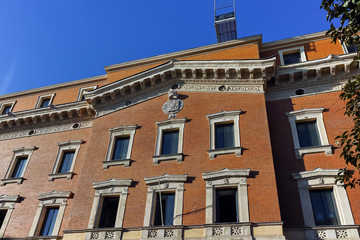 Facade of typical Buildings and streets in City of Madrid, Spain