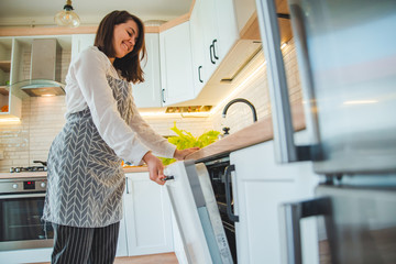 young pretty woman putting dishes in dishwasher