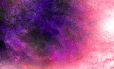 Aquarelle vivid ink textured blue, pink and purple color canvas for modern design. Smeared abstract cosmic bright vintage dark watercolour illustration. Neon watercolor on black paper background