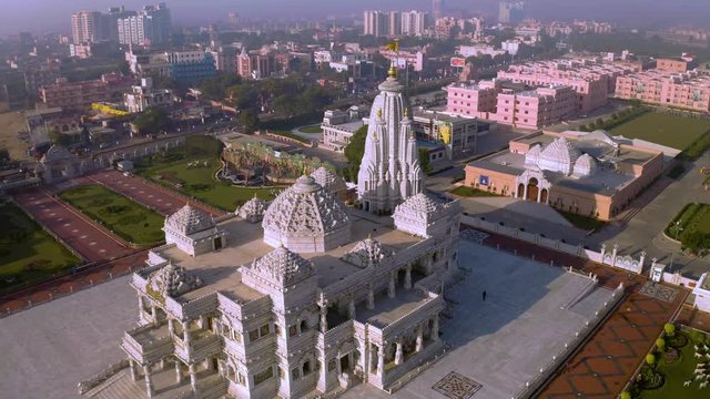 Vrindavan, city of 5000 temples. India, 4k aerial 