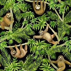 Sloth on palm. Seamless watercolor pattern. Tropical summer background © Sveta_Aho