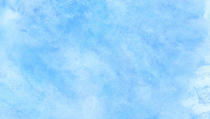 Blue aquarelle painted paper textured canvas for vintage design, invitation card, template. Creative background, smeared light turquoise frame. Simple sky shades color watercolor illustration