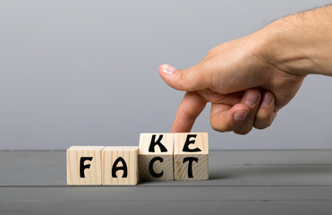 Fact or Fake concept, Hand flip wood cube change the word on grey background.