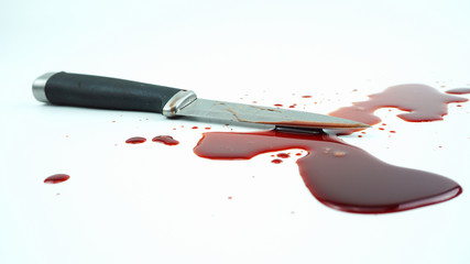 Bloody knife isolated on white backgroundt, Concept Serial killer, Top  view Blank for design.