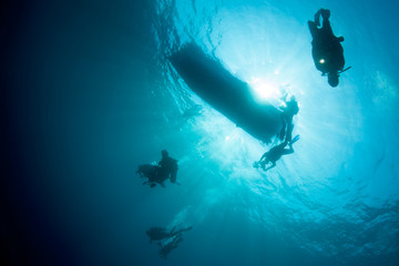 Divers descend in clear, blue depths of Komodo National Park, Indonesia. This tropical area is part of the Coral Triangle and is a popular destination for divers and snorkelers.