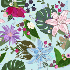 Lily, rose and bud. Vibrant pattern