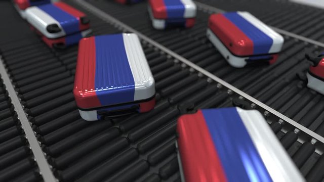 Many travel suitcases featuring flag of Russia on roller conveyer. Russian tourism conceptual animation