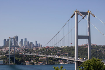 Close-up of Fatih Sultan Mehmet Bridge. It was taken in the Beykoz area. Green plants and trees.