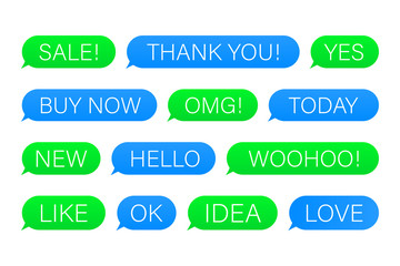 Set of SMS bubbles messages with dialog words. Vector stock illustration.