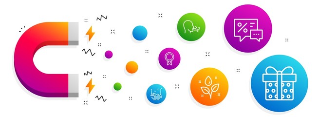 Magnet attracting. Reward, Plants watering and Breathing exercise icons simple set. Discounts, Bumper cars and Gift box signs. Best medal, Water drop. Business set. Line reward icon. Vector