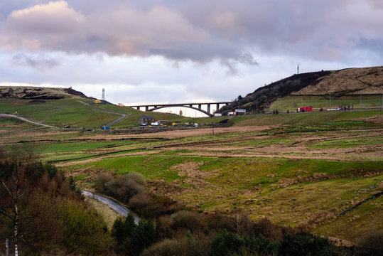 Scammonden Bridge, also known as Rainbow Bridge span over the M62 motorway in Kirklees, West Yorkshire, England.