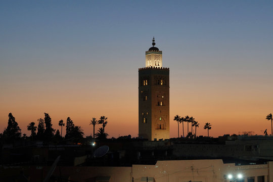 Stunning sunset over Koutoubia mosque in Marrakech