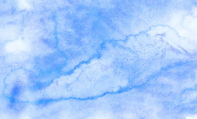 Sky aquarelle painted paper textured canvas for vintage design, invitation card, template. Creative background, smeared light turquoise frame. Simple blue shades color watercolor illustration