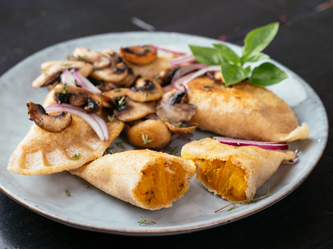 Winter Squash Potstickers with mushrooms
