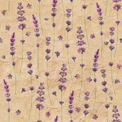 Lavender flowers watercolor seamless pattern on yellow brown color old paper grunge background