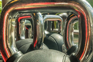 Dumbbell weight exercises on the shelves.