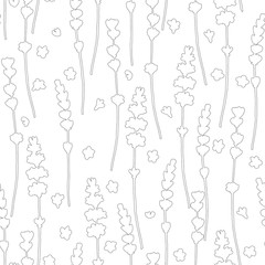 Lavender flowers purple contour line silhouettes seamless pattern on white background