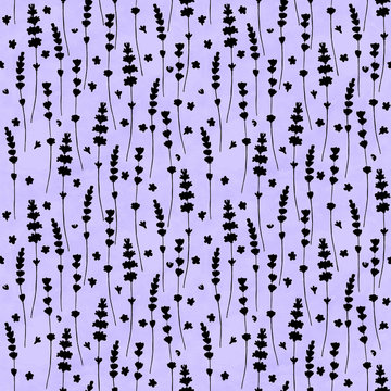 Lavender flowers black silhouettes seamless pattern on purple watercolor background. © Olga