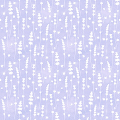 Lavender flowers white silhouettes seamless pattern on purple watercolor background.