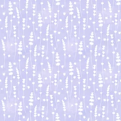 Printed kitchen splashbacks Pantone 2022 very peri Lavender flowers white silhouettes seamless pattern on purple watercolor background.