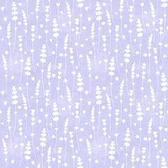 Lavender flowers white silhouettes seamless pattern on purple watercolor background.