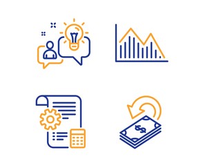 Settings blueprint, Idea and Investment graph icons simple set. Cashback sign. Report document, Solution, Investment infochart. Financial transfer. Business set. Linear settings blueprint icon