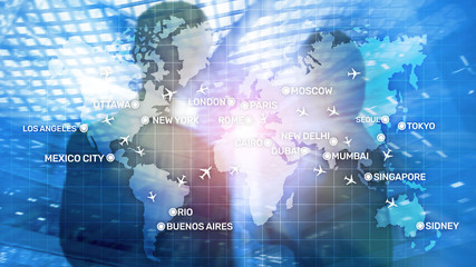 Aviation wallpaper with planes over the map with major city names. Digital map with planes around the world concept
