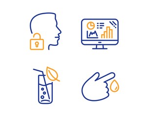 Analytics graph, Water glass and Unlock system icons simple set. Blood donation sign. Growth report, Soda drink, Access granted. Injury. Business set. Linear analytics graph icon. Colorful design set