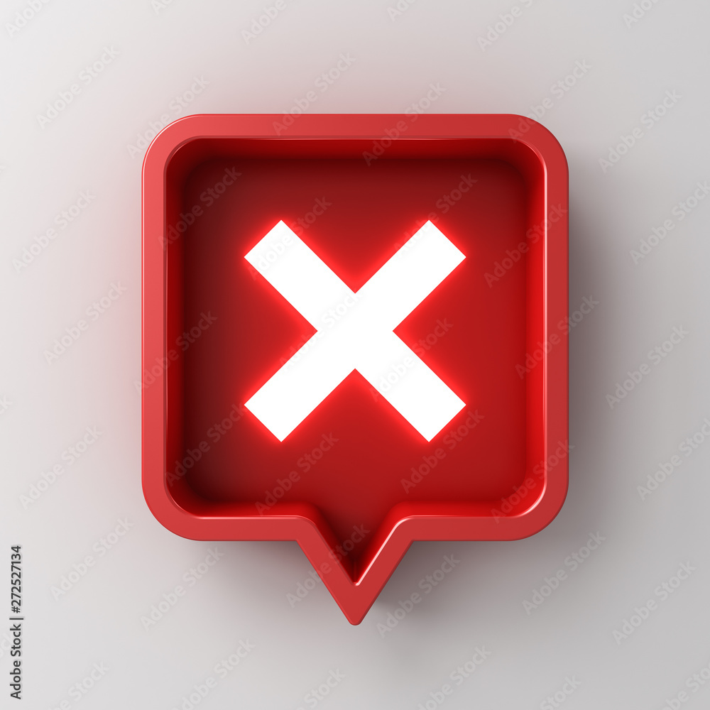 Poster 3d social media notification white neon light cross sign icon in red rounded square pin isolated on 