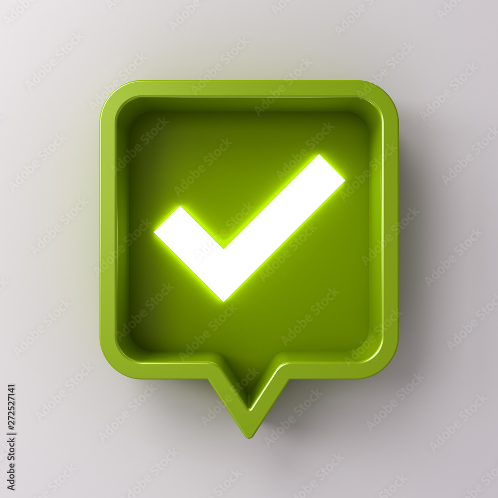 Aufkleber 3d social media notification neon light check mark icon in green rounded square pin isolated on whit