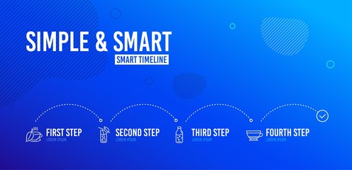 Infographic timeline. Water glass, Mint tea and Water bottle icons simple set. Dry cappuccino sign. Soda drink, Mentha beverage, Beverage mug. Food and drink set. 4 steps layout. Vector